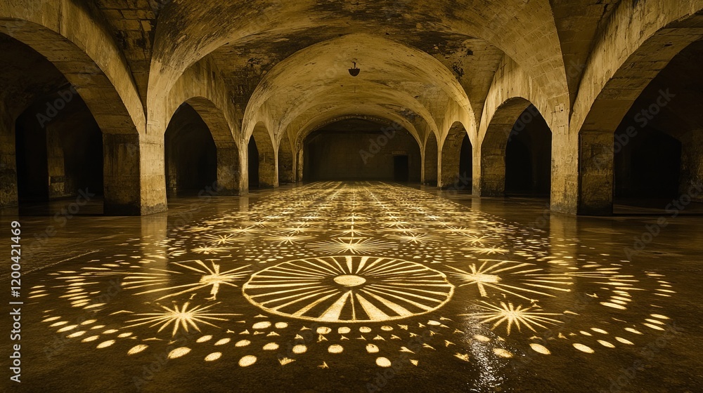 Poster light patterns radiate across an ancient underground space showcasing stunning architectural feature