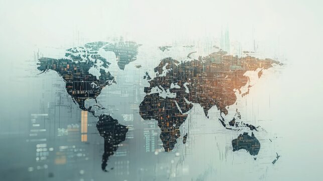 Create a photorealistic, ultra-detailed image of a world map embedded with financial symbols and stock market data