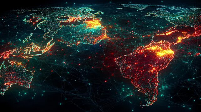 World map with illuminated pathways connecting major cities in Latin America, symbolizing the vast reach of digital marketing services across the region.