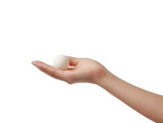 human hand gently holding a small. smooth. white spherical object against a clean. white background. emphasizing simplicity and focus on the object