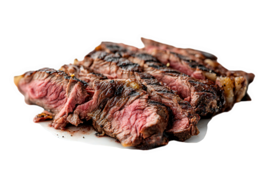 a perfectly cooked steak. sliced to reveal its juicy. pink interior the grill marks enhance its appetizing appearance. making it an ideal representation of a delicious meat dish. perfect for food phot