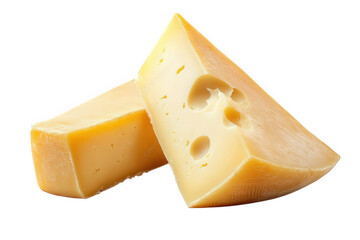 two wedges of cheese. showcasing a smooth. yellow exterior with characteristic holes the cheese appears fresh and is likely intended for culinary use. such as in cooking. snacking. or cheese platters