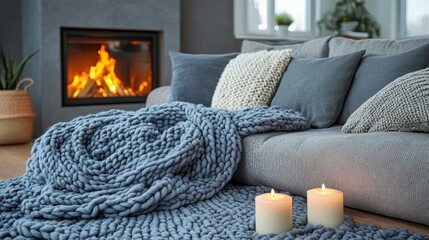 A warm and inviting living room features a comfortable sofa adorned with decorative pillows. A thick blue blanket lies draped over the couch, while two lit candles glow gently nearby