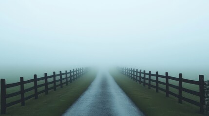 Obraz premium Serene Foggy Pathway Through Green Fields and Rustic Fences