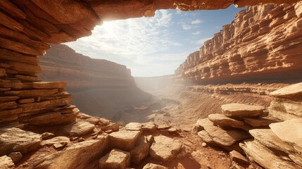 Vast canyon landscape framed by rocky ledges under a bright sky on a sunny day. Generative AI