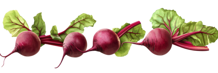 series of vibrant. freshly harvested beetroots with their leafy greens attached the beetroots vary in size and are depicted in a realistic style. showcasing their rich purple color and earthy texture.