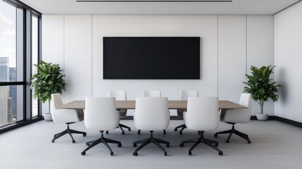 Modern Conference Room With White Chairs and Large Screen Display