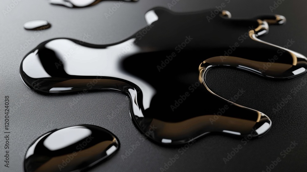 Poster shiny black oil puddle on a smooth surface reflecting light in various angles. generative ai