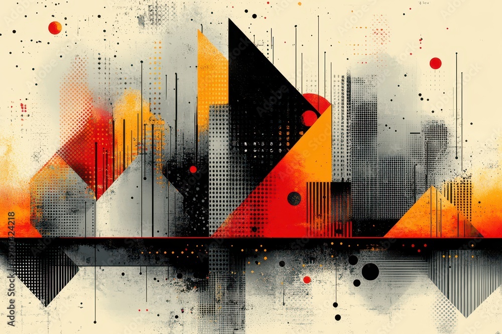 Poster abstract composition with geometric shapes in warm colors and textured patterns.