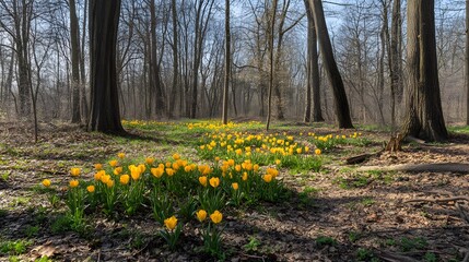 Yellow tulips blooming in spring forest sunlight
