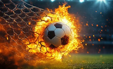 Soccer Ball Bursting Through Net with Flames and Spotlight