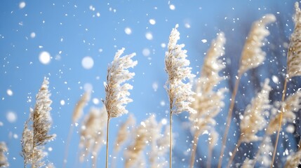 Snowy reeds sway gently in winter breeze, blue sky background; nature scene for calendar