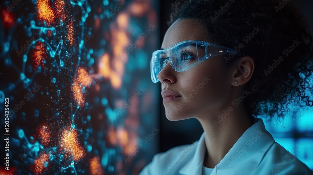 Poster scientist analyzing data on futuristic interface