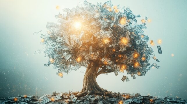 A business-themed tree with branches made from financial reports, leaves composed of glowing dollar signs