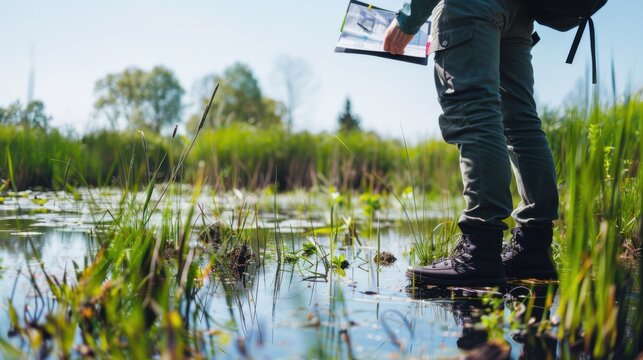 An environmental engineer conducting ecological surveys in a wetland conservation area, with biodiversity and ecological monitoring equipment visible, Wetland conservation survey scene