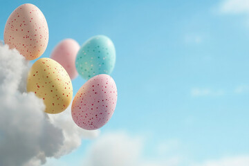 A group of colorful eggs are floating in the sky. Easter concept.