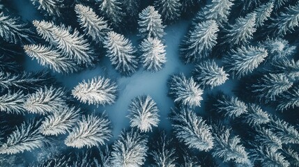 Aerial view of snow-covered pine forest in winter. Ideal for nature or winter-themed designs