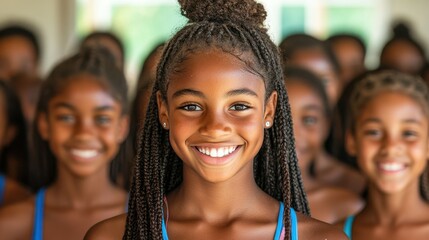 Fototapeta premium A group of young girls stands together, all smiling brightly while participating in a dance class. They are dressed in colorful attire, showcasing happiness and unity