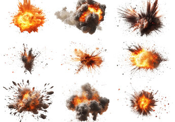 collection of explosive effects. showcasing various styles and sizes of explosions with flames. smoke. and debris it serves as a graphic resource for visual effects. gaming. or film production. illust