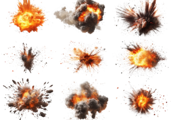 collection of explosive effects. showcasing various styles and sizes of explosions with flames. smoke. and debris it serves as a graphic resource for visual effects. gaming. or film production. illust