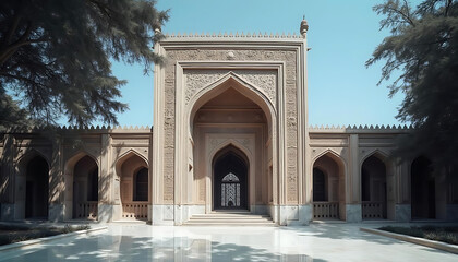 Obraz premium Stunning Architectural Marvel Featuring Intricate Carvings and Majestic Arches Surrounded by Nature