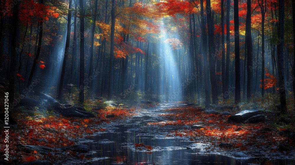Poster enchanted autumn forest path with sunlight streaming through colorful trees