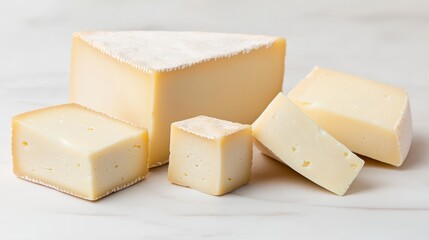 Various Cheese Pieces on Marble Surface in Soft Natural Light