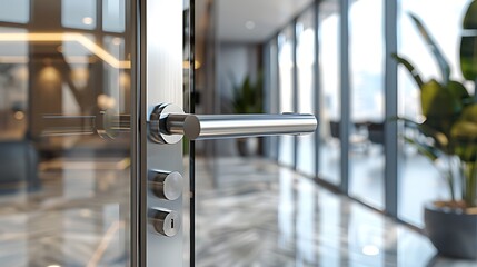 Modern glass door handle, office interior.  Use Architecture, design
