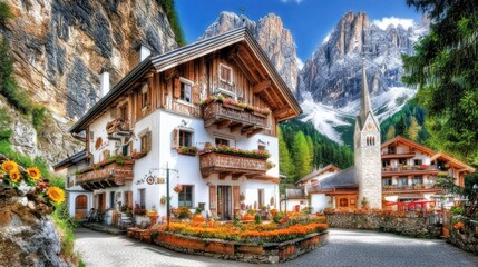 Mountain village home with flowers, church, and scenic alpine backdrop.