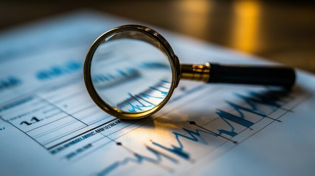 A magnifying glass rests on a financial report, focusing on detailed graphs and data trends. The setting suggests meticulous analysis of business performance metrics