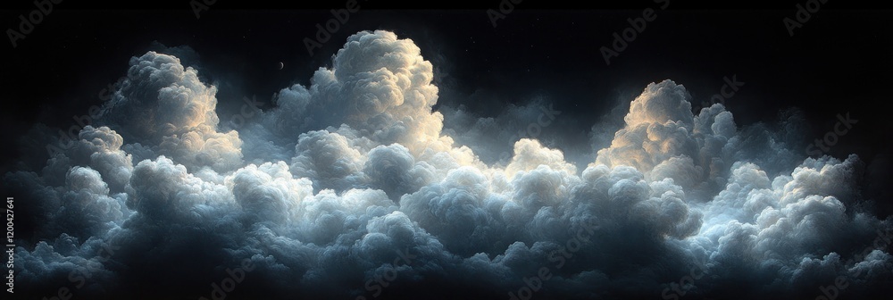 Poster surreal clouds illuminated on black background with dramatic shadows and intricate details