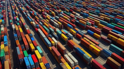 A massive shipping container yard, viewed from above, organized rows of containers in different colors, efficiency in shipping