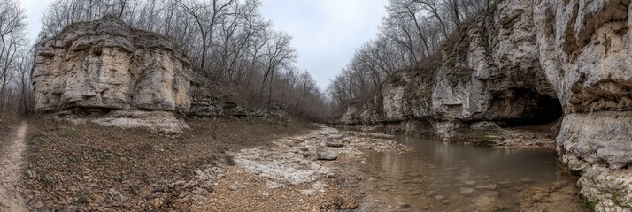 Winter creek flows through rocky canyon, trees bare. Nature background