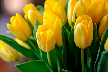 Naklejka premium Bouquet of yellow tulips, close-up. Postcard for Women's Day, Mother's Day.