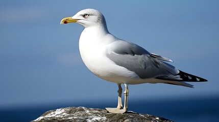 Fototapeta premium Seagull perched on rock, ocean background, wildlife, nature photography, website banner