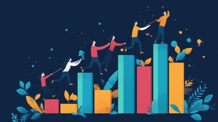 Flat design, 2D illustration of professionals passing a baton up a line of growing bar charts
