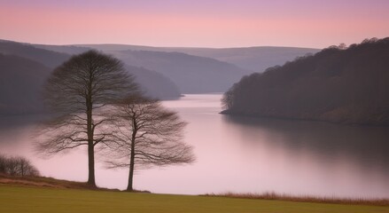 Serene twilight landscape with two bare trees by a calm lake and misty hills.