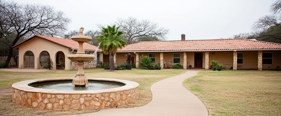 Fototapeta premium Spanish-style house with fountain and walkway.
