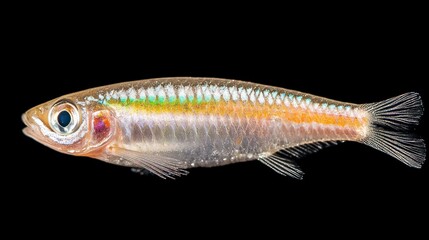 Fototapeta premium Transparent small fish with iridescent side, isolated on black background.
