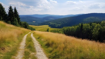 Mountain road, summer valley landscape, scenic view, hiking trail