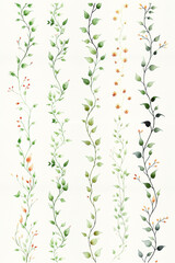 Watercolor painting featuring eight vertical vines with green leaves and small flowers
