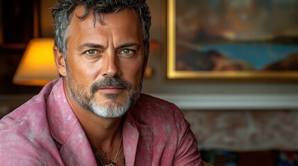 A well-groomed man with a salt-and-pepper beard sits comfortably in a stylish room. He wears a casual pink blazer and exhibits a confident expression while surrounded by art and soft lighting