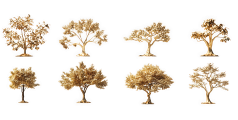 collection of eight stylized trees. each showcasing unique shapes and foliage. all rendered in a golden hue against a white background this arrangement highlights the diversity of tree forms and can b