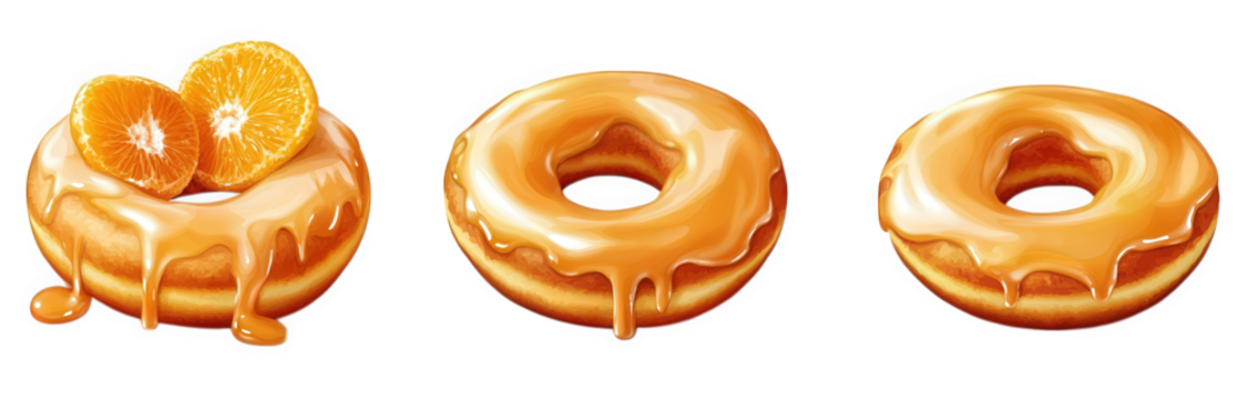 three stylized doughnuts. each with a glossy caramel glaze the first doughnut is topped with two orange slices. while the second and third showcase different levels of glaze dripping the visual appeal
