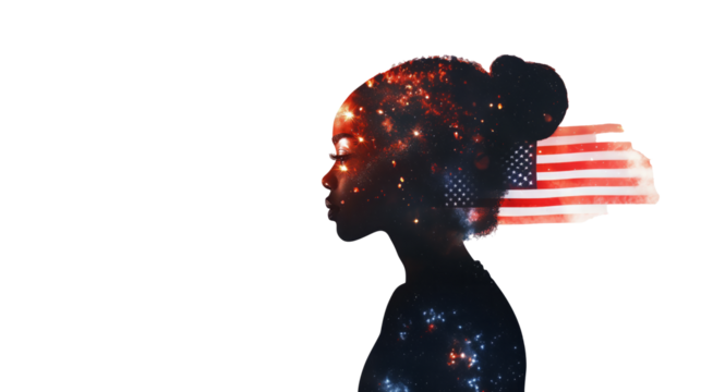 A double exposure of an African American woman's silhouette filled with the American flag and fireworks in space, cinematic, white copy space, - Generative AI