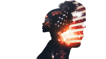 A double exposure of an African American woman's silhouette filled with the American flag and fireworks in space, cinematic, white copy space, - Generative AI