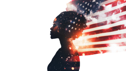A double exposure of an African American woman's silhouette filled with the American flag and fireworks in space, cinematic, white copy space, - Generative AI