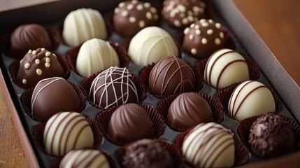 A beautifully arranged box brimming with assorted chocolates sits elegantly on a table, inviting sweet moments of love and indulgence this Valentine's Day.