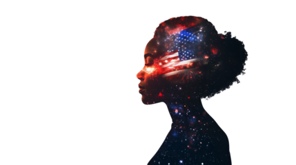 A double exposure of an African American woman's silhouette filled with the American flag and fireworks in space, cinematic, white copy space, - Generative AI