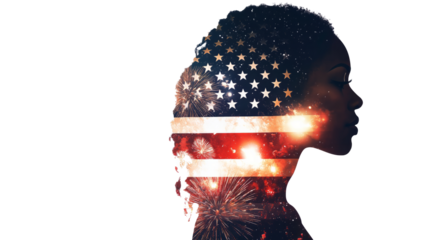 A double exposure of an African American woman's silhouette filled with the American flag and fireworks in space, cinematic, white copy space, - Generative AI
